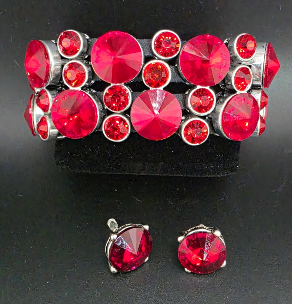 Red Round Crystal Rhinestone Bracelet And Stud Earrings Jewelry Set